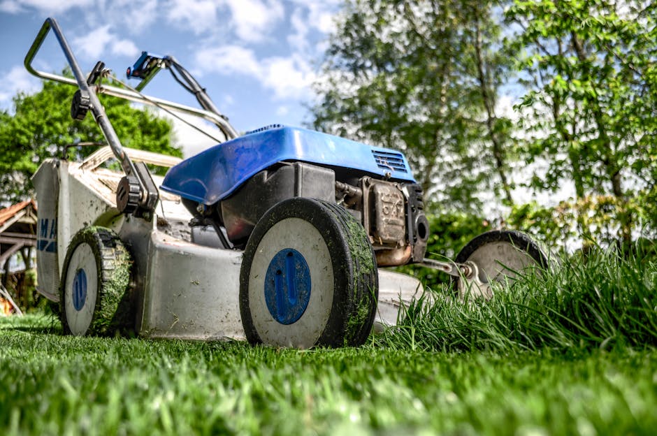 A man wearing a casual blue t-shirt and jeans is trimming a tall, dense green hedge with a long-handled electric hedge trimmer. The hedge appears well-maintained, with a uniform, lush foliage. The gar
